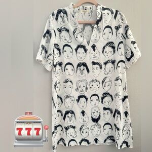 Black and white dress with prints of various faces size L